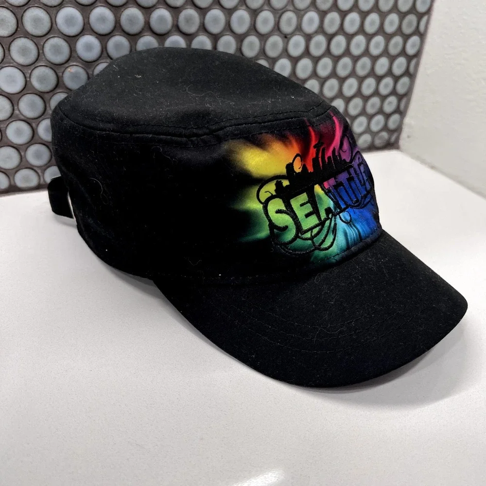 Seattle Hat Cap Adult Hat Black Strap Back Adjustable‎ Colorful Rainbow